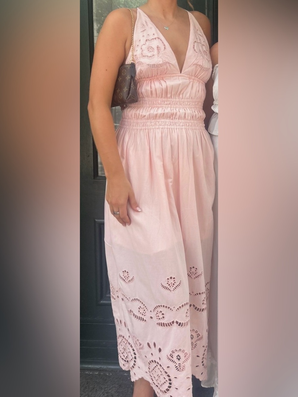 Light Pink Eyelet Midi Dress with V-Neck